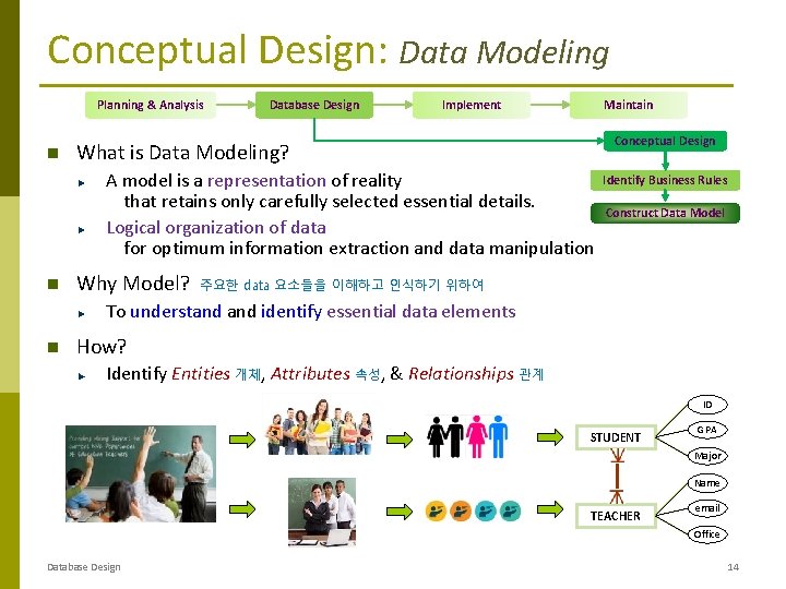 Conceptual Design: Data Modeling Planning & Analysis Database Design Implement Maintain Conceptual Design What