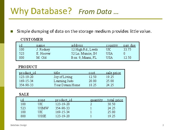 Why Database? From Data … Simple dumping of data on the storage medium provides