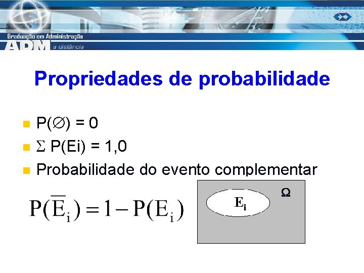 Propriedades de probabilidade n n n P( ) = 0 P(Ei) = 1, 0