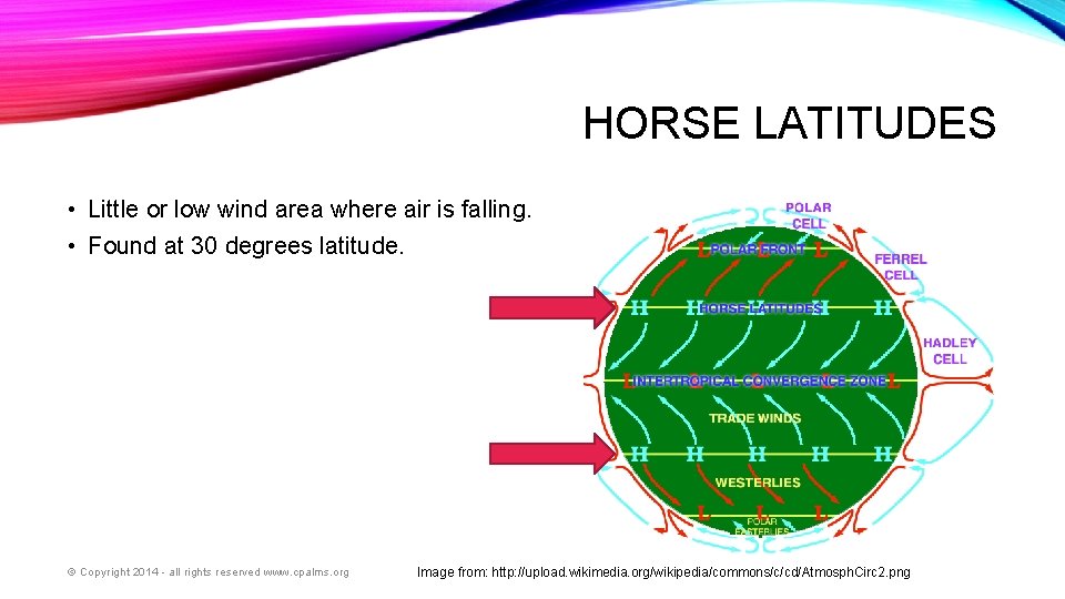 HORSE LATITUDES • Little or low wind area where air is falling. • Found