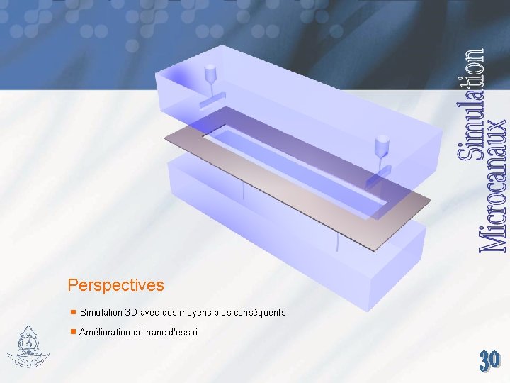 Perspectives Simulation 3 D avec des moyens plus conséquents Amélioration du banc d’essai 