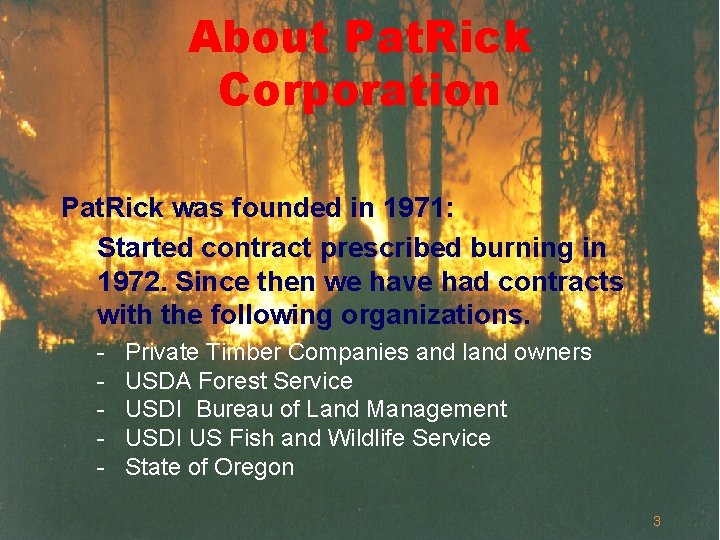 About Pat. Rick Corporation Pat. Rick was founded in 1971: Started contract prescribed burning