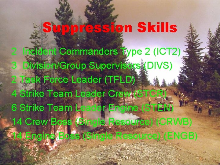 Suppression Skills 2 Incident Commanders Type 2 (ICT 2) 3 Division/Group Supervisors (DIVS) 2