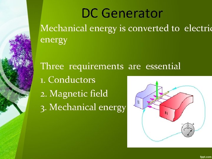 DC Generator Mechanical energy is converted to electric energy Three requirements are essential 1.