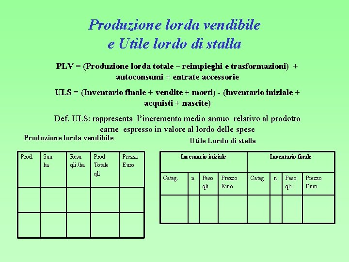 Produzione lorda vendibile e Utile lordo di stalla PLV = (Produzione lorda totale –