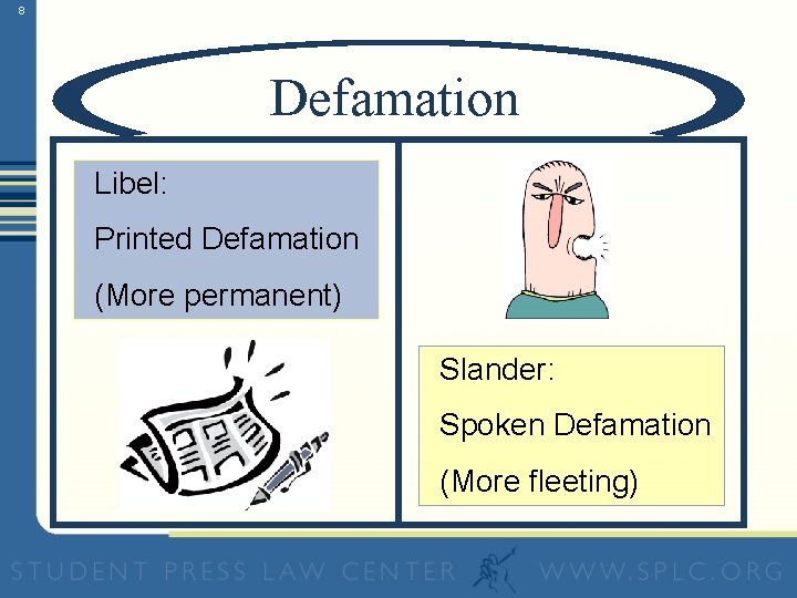 8 Defamation Libel: Printed Defamation (More permanent) Slander: Spoken Defamation (More fleeting) 