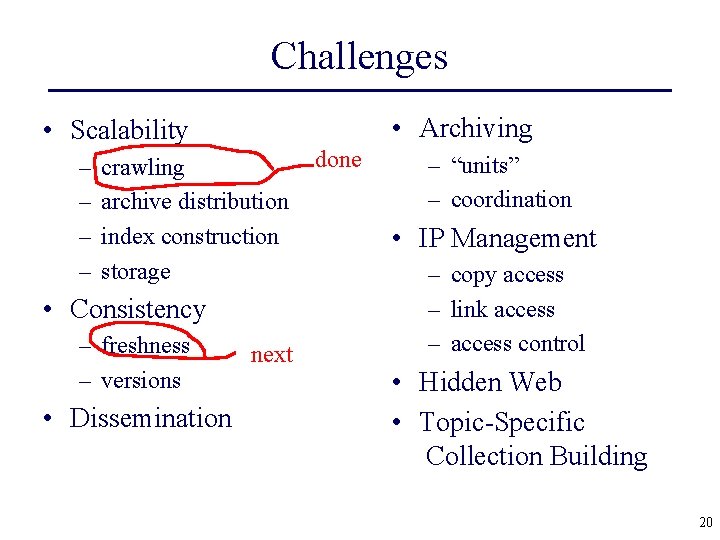 Challenges • Archiving • Scalability – – crawling archive distribution index construction storage •