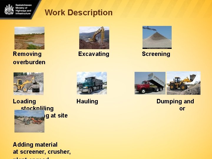 Work Description Removing overburden Excavating Loading stockpliling spreading at site Hauling Adding material at