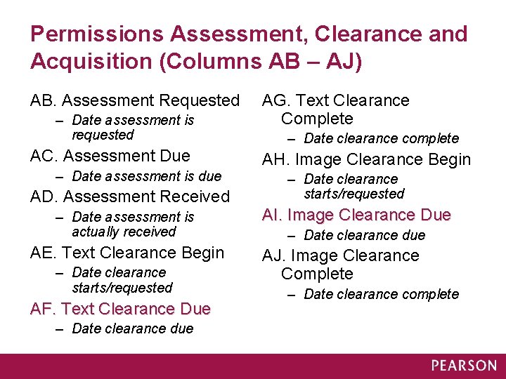 Permissions Assessment, Clearance and Acquisition (Columns AB – AJ) AB. Assessment Requested – Date