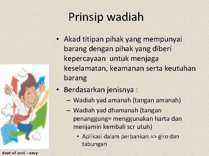 Prinsip wadiah • Akad titipan pihak yang mempunyai barang dengan pihak yang diberi kepercayaan