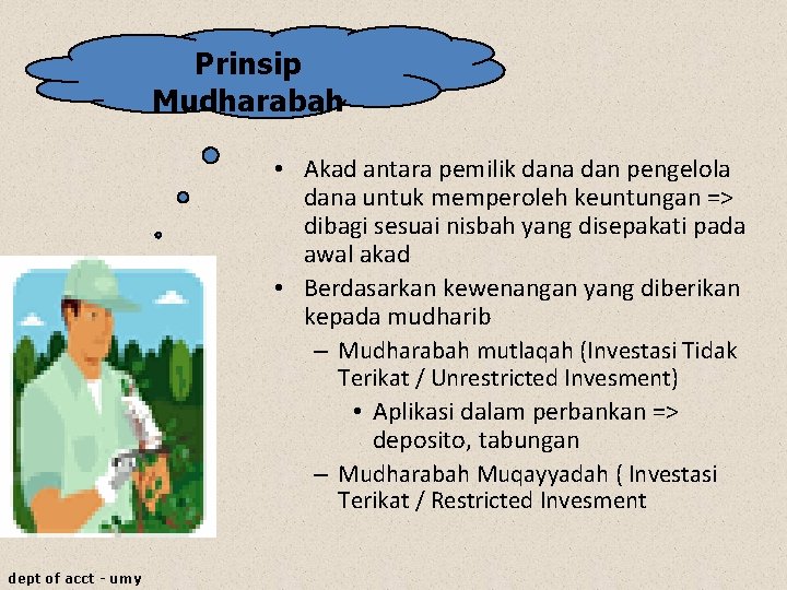 Prinsip Mudharabah • Akad antara pemilik dana dan pengelola dana untuk memperoleh keuntungan =>