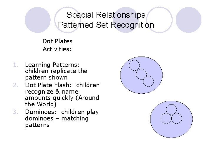 Spacial Relationships Patterned Set Recognition Dot Plates Activities: 1. 2. 3. Learning Patterns: children