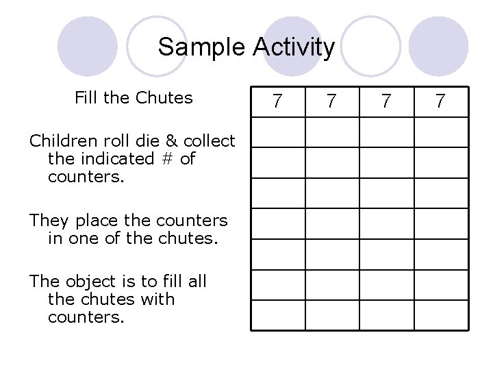 Sample Activity Fill the Chutes Children roll die & collect the indicated # of