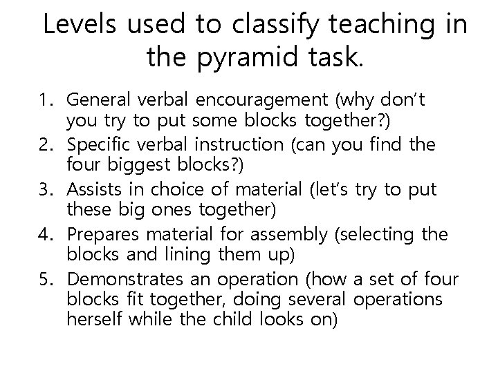 Levels used to classify teaching in the pyramid task. 1. General verbal encouragement (why