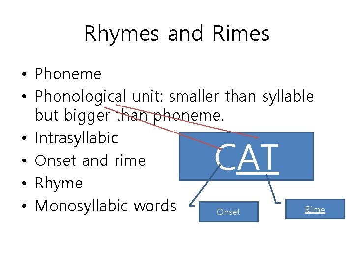 Rhymes and Rimes • Phoneme • Phonological unit: smaller than syllable but bigger than