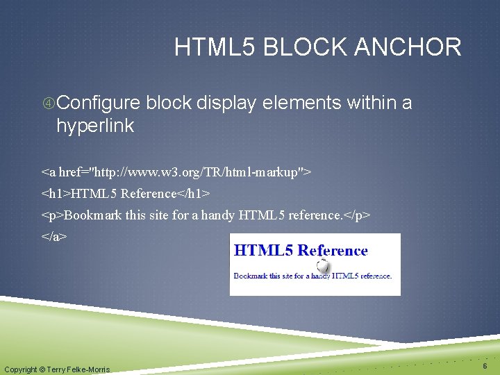 HTML 5 BLOCK ANCHOR Configure block display elements within a hyperlink <a href="http: //www.