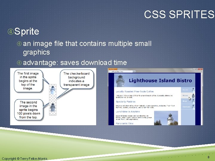 CSS SPRITES Sprite an image file that contains multiple small graphics advantage: saves download