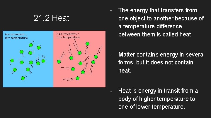 21. 2 Heat - The energy that transfers from one object to another because