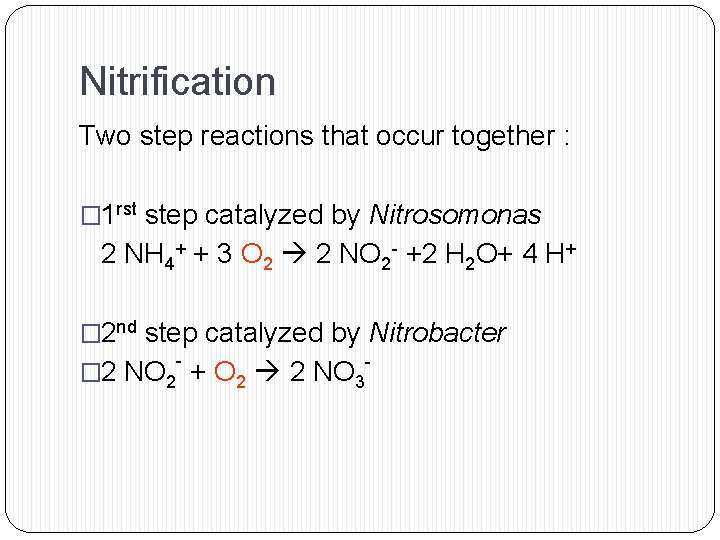 Nitrification Two step reactions that occur together : � 1 rst step catalyzed by