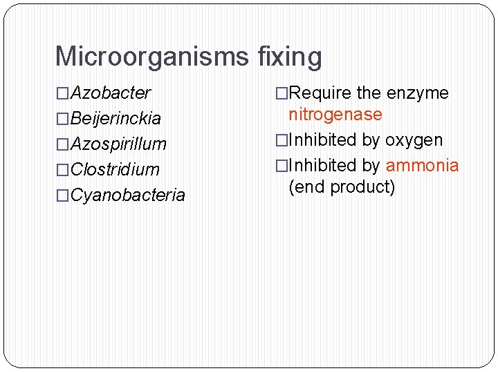 Microorganisms fixing �Azobacter �Require the enzyme �Beijerinckia nitrogenase �Inhibited by oxygen �Inhibited by ammonia