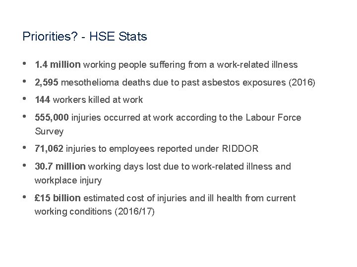 Priorities? - HSE Stats • • 1. 4 million working people suffering from a