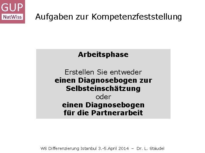 Aufgaben zur Kompetenzfeststellung Arbeitsphase Erstellen Sie entweder einen Diagnosebogen zur Selbsteinschätzung oder einen Diagnosebogen