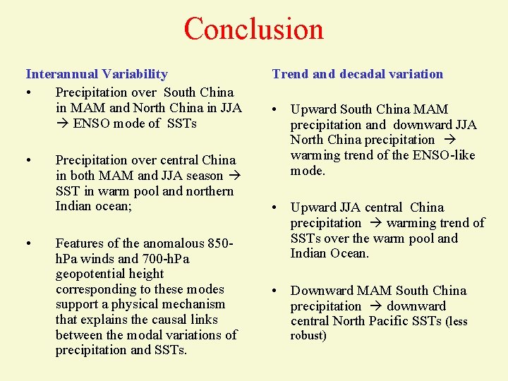 Conclusion Interannual Variability • Precipitation over South China in MAM and North China in