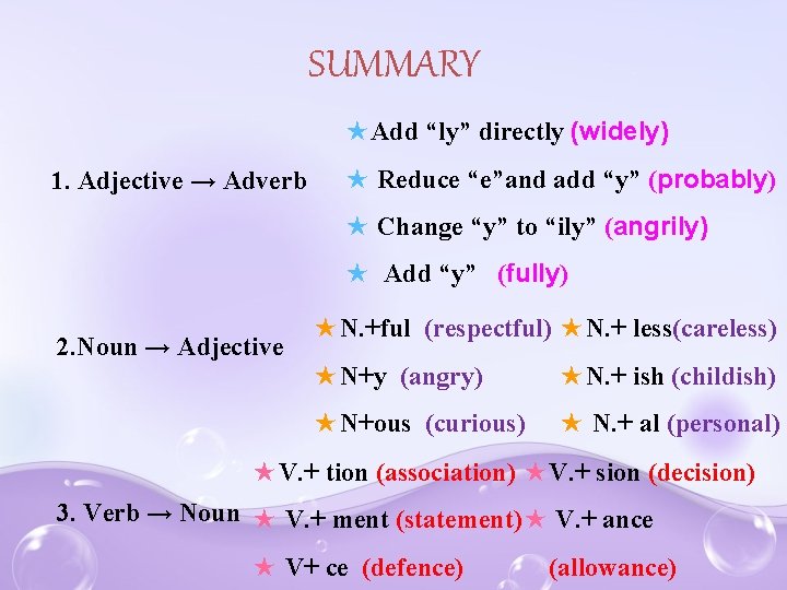 SUMMARY ★ Add “ly” directly (widely) 1. Adjective → Adverb ★ Reduce “e”and add