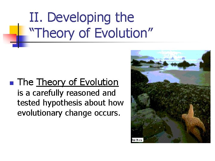 II. Developing the “Theory of Evolution” n Theory of Evolution is a carefully reasoned