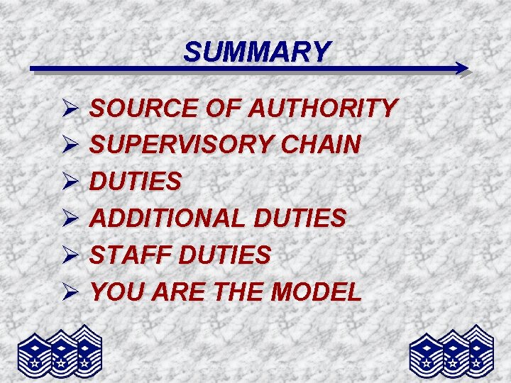 SUMMARY Ø SOURCE OF AUTHORITY Ø SUPERVISORY CHAIN Ø DUTIES Ø ADDITIONAL DUTIES Ø