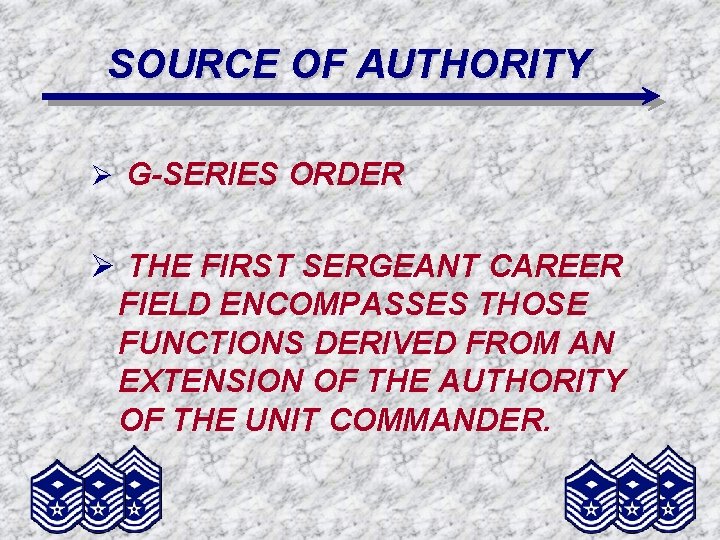 SOURCE OF AUTHORITY Ø G-SERIES ORDER Ø THE FIRST SERGEANT CAREER FIELD ENCOMPASSES THOSE