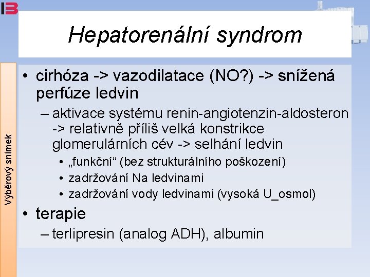 Hepatorenální syndrom Výběrový snímek • cirhóza -> vazodilatace (NO? ) -> snížená perfúze ledvin