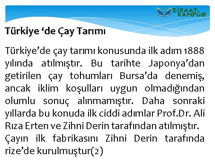 Türkiye ‘de Çay Tarımı Türkiye’de çay tarımı konusunda ilk adım 1888 yılında atılmıştır. Bu