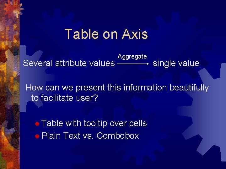 Table on Axis Several attribute values Aggregate single value How can we present this