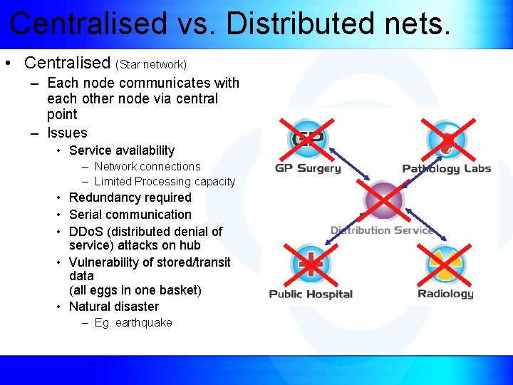 Centralised vs. Distributed nets. • Centralised (Star network) – Each node communicates with each