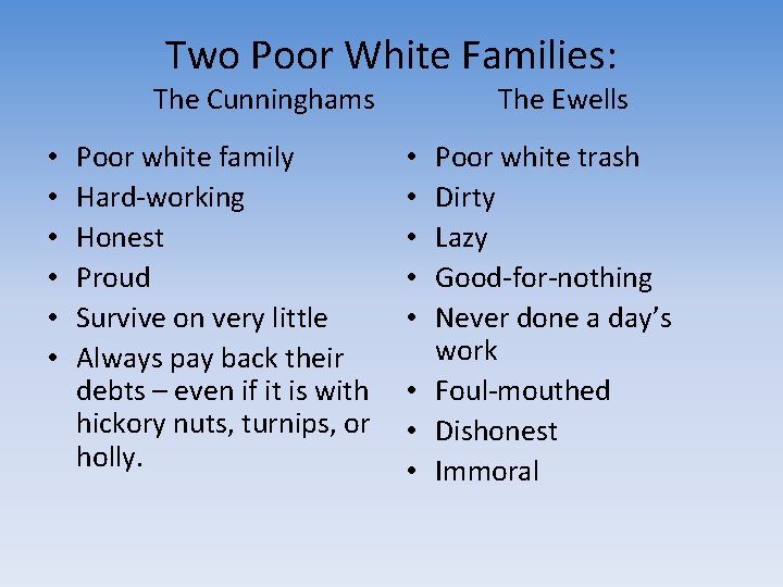 Two Poor White Families: The Cunninghams • • • Poor white family Hard-working Honest