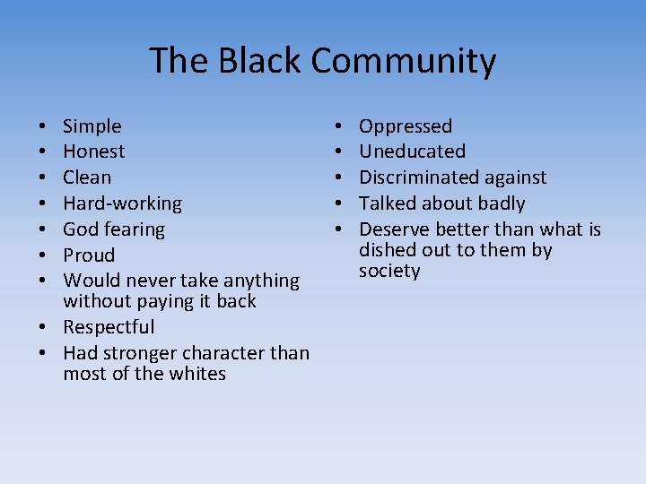 The Black Community Simple Honest Clean Hard-working God fearing Proud Would never take anything