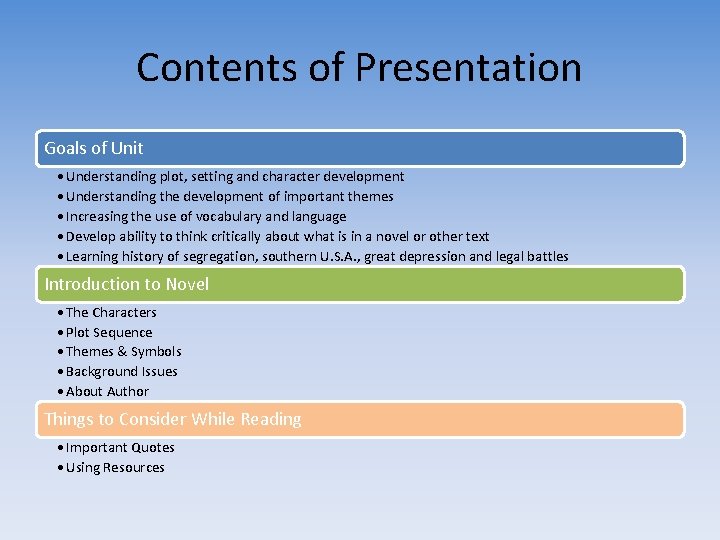 Contents of Presentation Goals of Unit • Understanding plot, setting and character development •