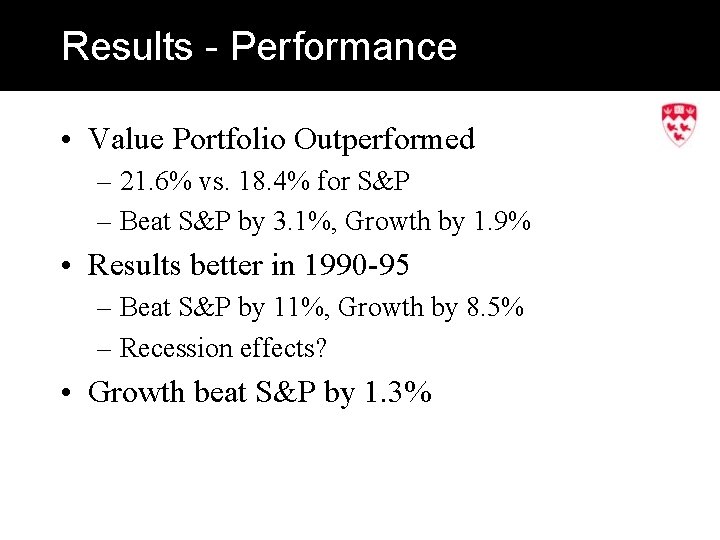 Results - Performance • Value Portfolio Outperformed – 21. 6% vs. 18. 4% for