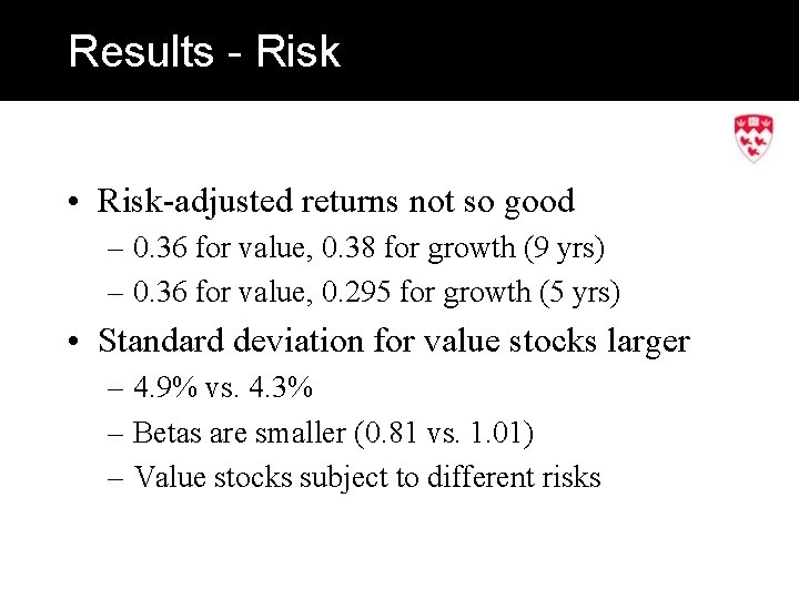 Results - Risk • Risk-adjusted returns not so good – 0. 36 for value,