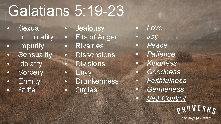 Galatians 5: 19 -23 • • Sexual immorality Impurity Sensuality Idolatry Sorcery Enmity Strife