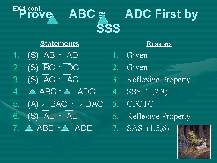 EX. 1 cont. Prove ABC ADC First by SSS Statements 1. 2. 3. 4.