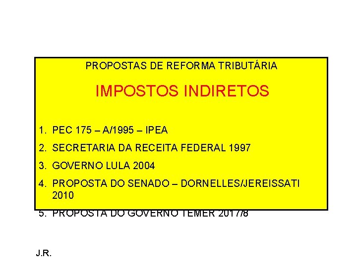 PROPOSTAS DE REFORMA TRIBUTÁRIA IMPOSTOS INDIRETOS 1. PEC 175 – A/1995 – IPEA 2.