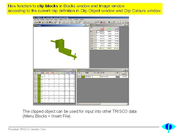 The clipped object can be used for input into other TRISCO data (Menu Blocks