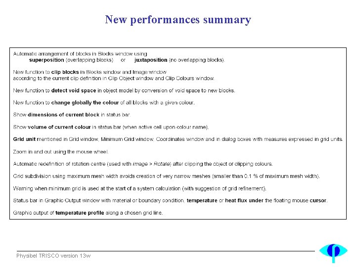 New performances summary Physibel TRISCO version 13 w 