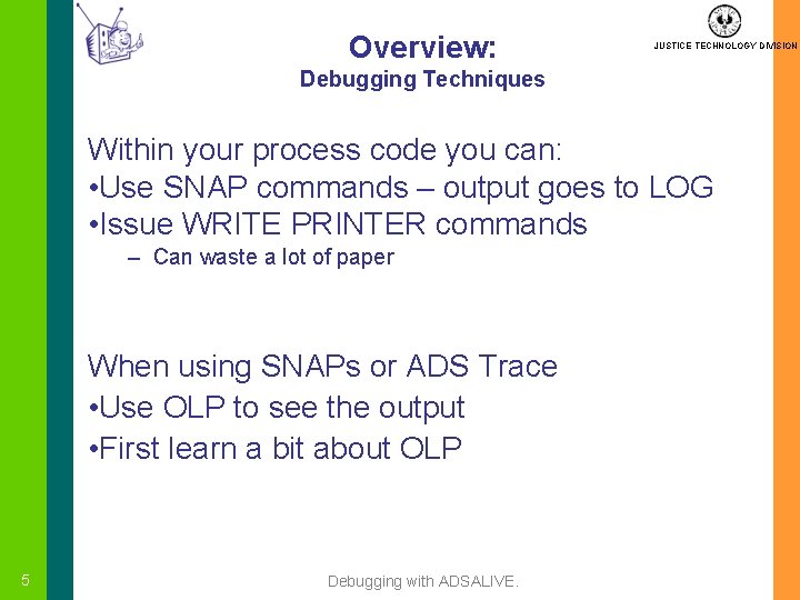 Overview: JUSTICE TECHNOLOGY DIVISION Debugging Techniques Within your process code you can: • Use