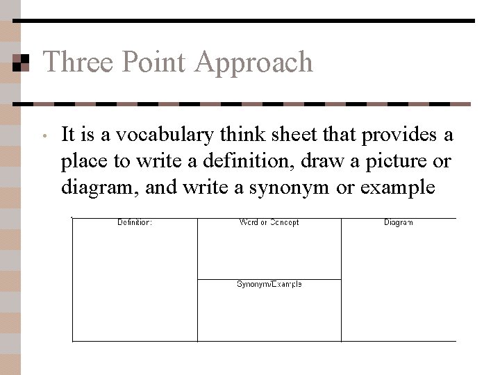 Three Point Approach • It is a vocabulary think sheet that provides a place