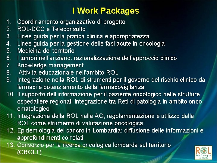 I Work Packages 1. 2. 3. 4. 5. 6. 7. 8. 9. 10. 11.