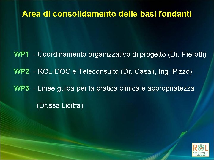 Area di consolidamento delle basi fondanti WP 1 - Coordinamento organizzativo di progetto (Dr.