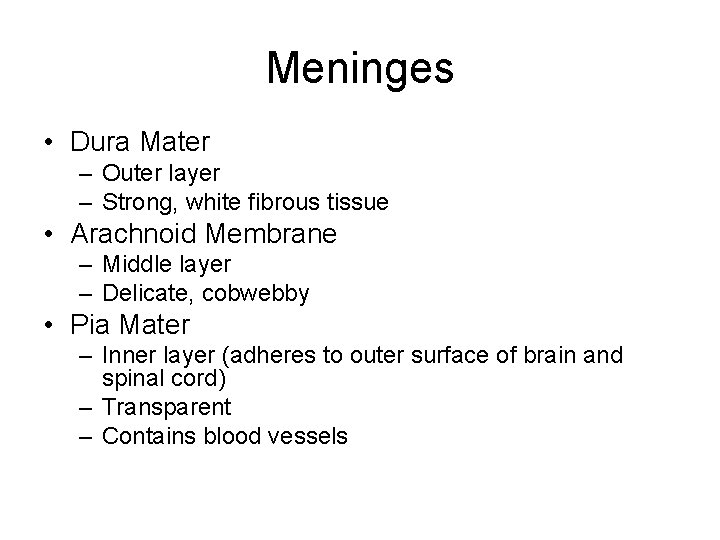 Meninges • Dura Mater – Outer layer – Strong, white fibrous tissue • Arachnoid Meninges • Dura Mater – Outer layer – Strong, white fibrous tissue • Arachnoid